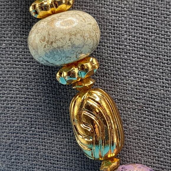 Vintage Chunky Art Beaded Necklace, Gold White Purple Beads, 24 Inches - Picture 8 of 12